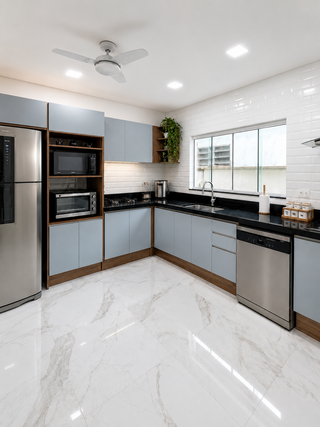 Cozinha planejada em laca azul serenity com detalhes em madeira amadeirada, bancada em granito preto e revestimento metro branco