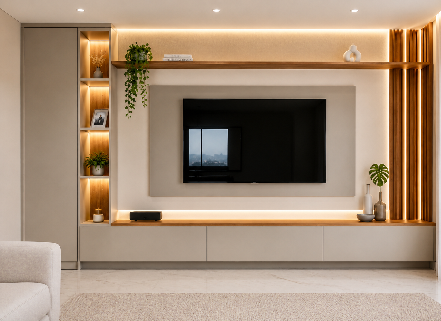 Sala de estar com nichos iluminados, prateleira em madeira e painel elegante para TV