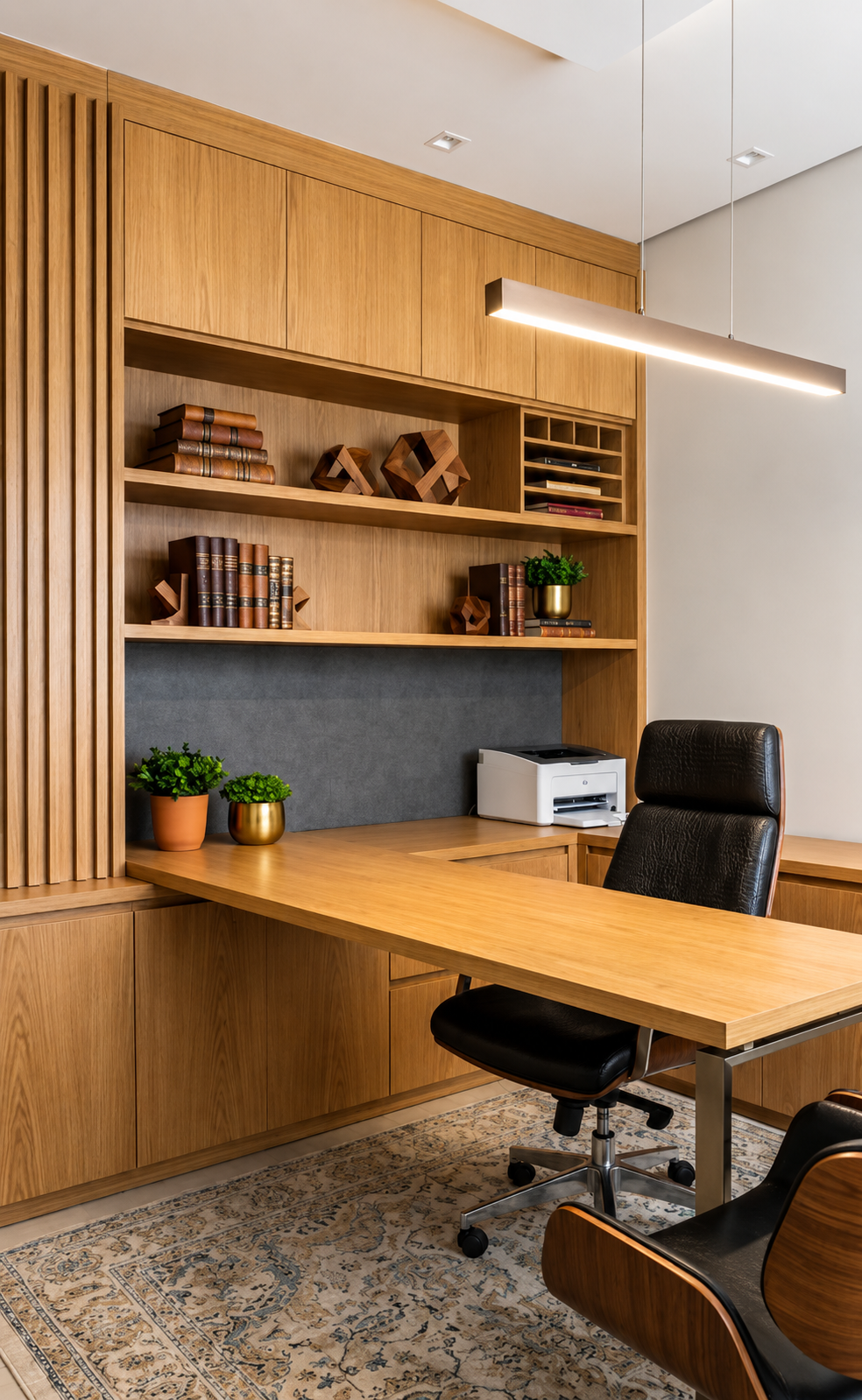 Home office em formato L com marcenaria em madeira carvalho, estante superior, painel acústico cinza e iluminação pendente linear