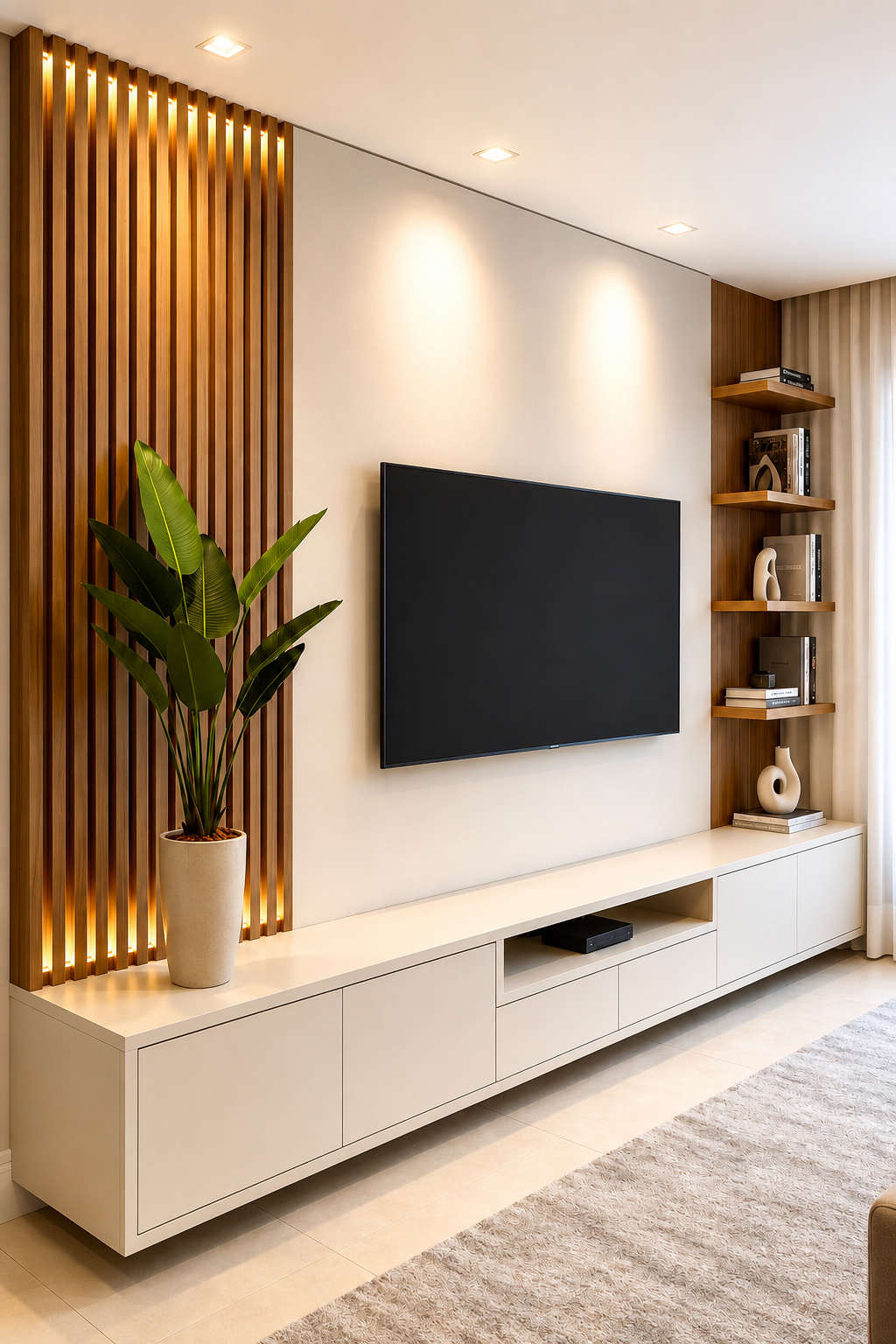 Sala de estar com painel ripado em madeira, rack suspenso claro e iluminação indireta
