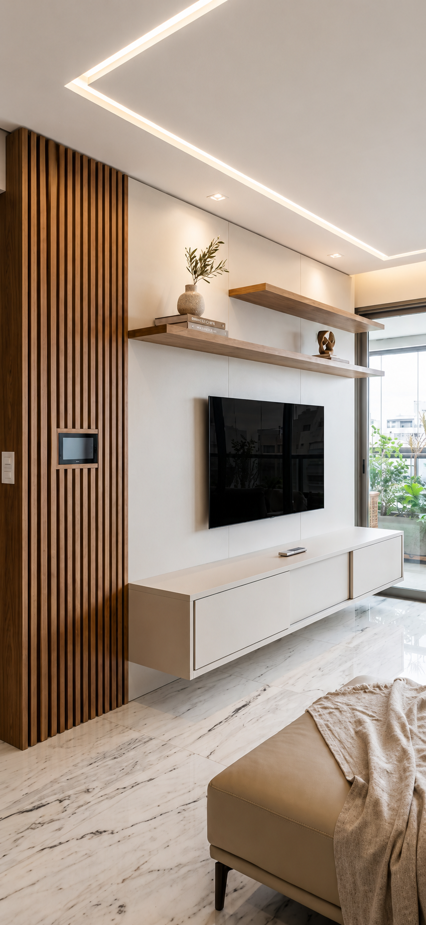 Sala de estar minimalista com painel branco, ripado em madeira e prateleiras flutuantes