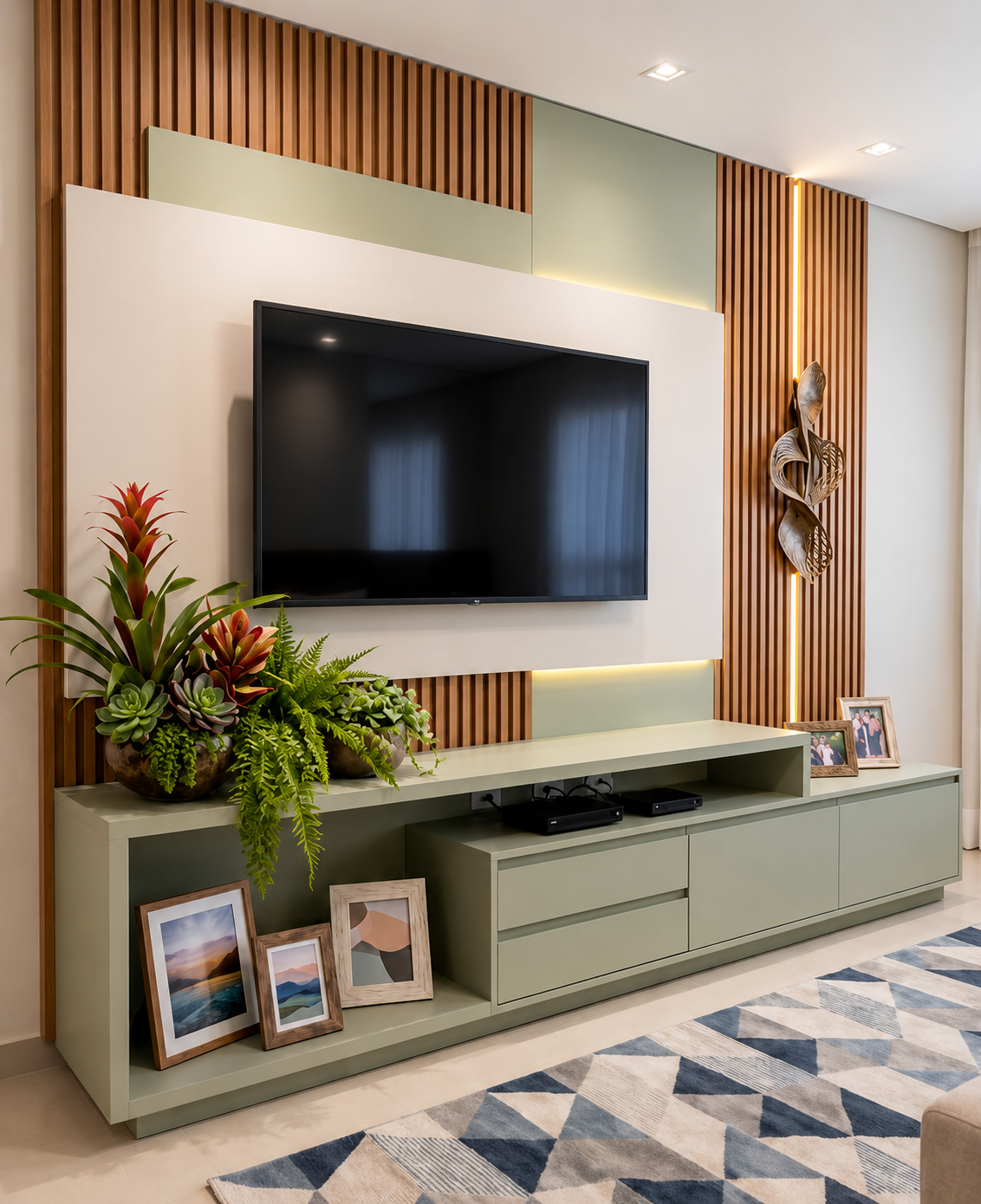 Sala de estar com painel ripado, composição em verde sálvia e rack planejado