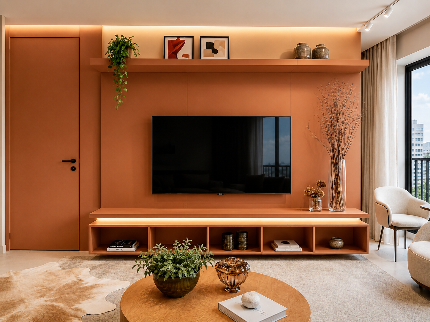 Sala de estar com marcenaria em tom terracota, painel para TV e prateleira superior