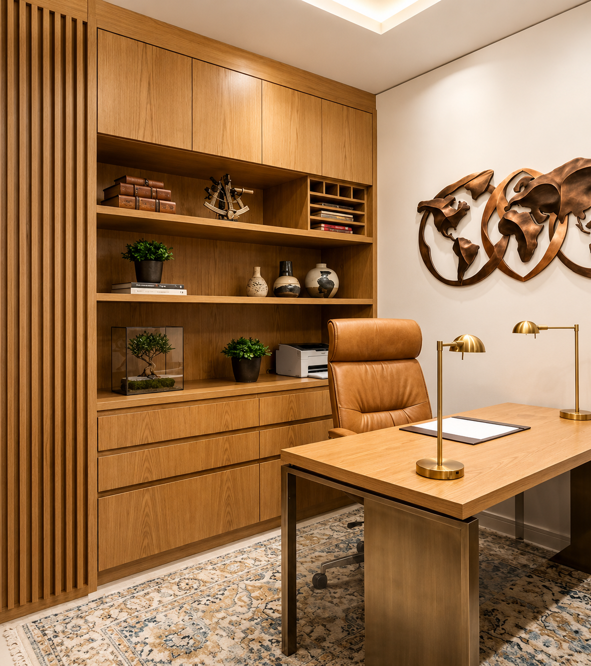 Home office sob medida em madeira carvalho com estante integrada, gaveteiros, poltrona em couro caramelo e luminárias de mesa em latão