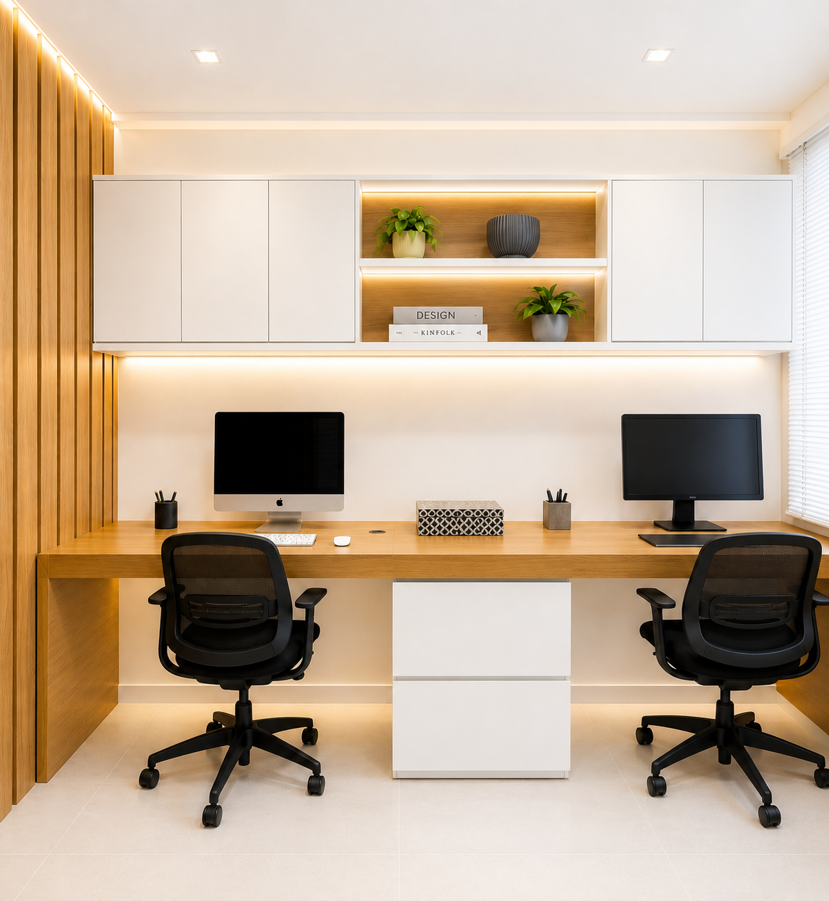 Home office planejado para dois com bancada em madeira carvalho, armários em laca branca, nichos iluminados e painel ripado lateral