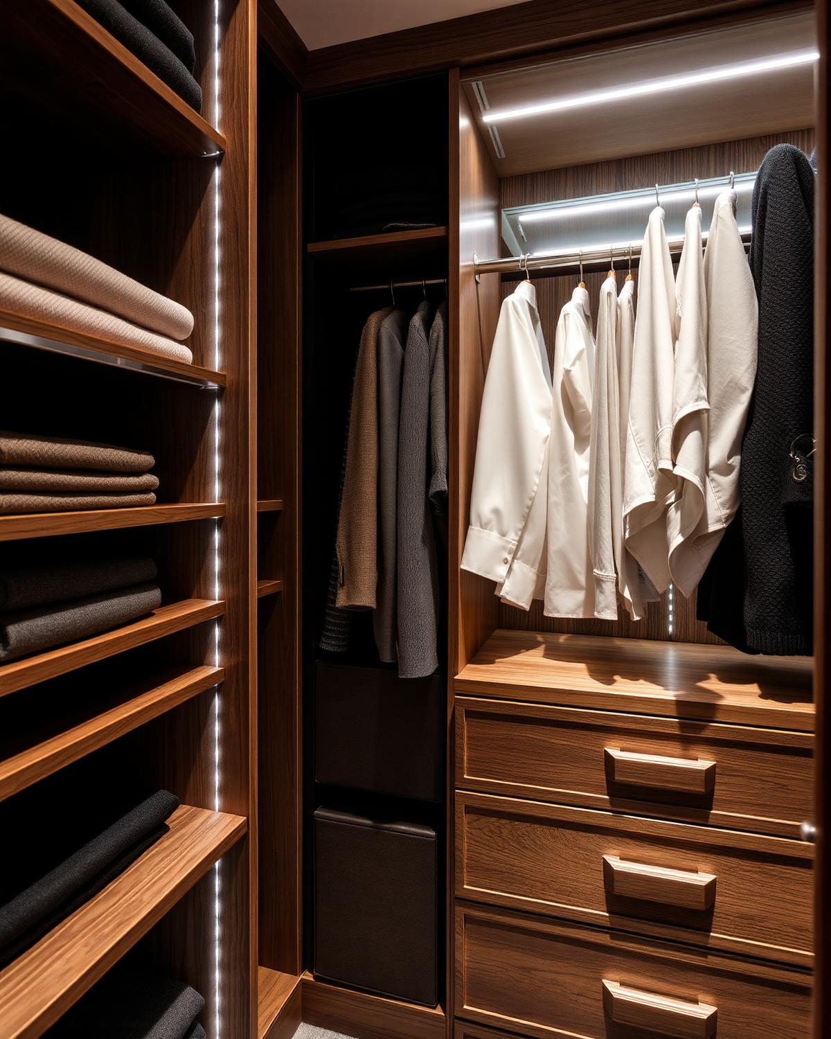 Detalhes de closet planejado em madeira escura
